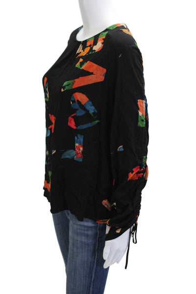 Desigual Womens Black Geometric Viscose Blouse Long Sleeve Round Neck Size XL