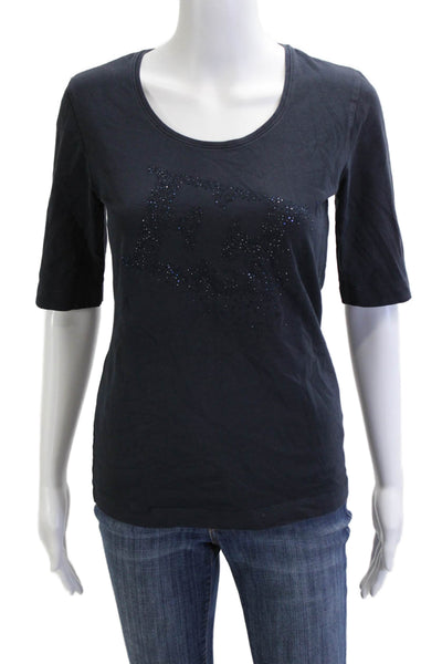 Escada Women Dark Blue Jersey T-Shirt 3/4 Sleeve Round Neck Cotton Blend Size S