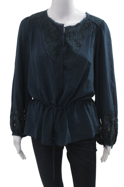 Rebecca Taylor Women Dark Blue Silk Drawstring Long Sleeve Blouse Size 10