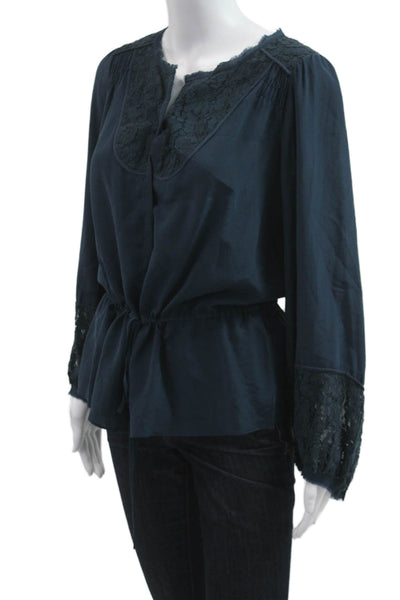 Rebecca Taylor Women Dark Blue Silk Drawstring Long Sleeve Blouse Size 10