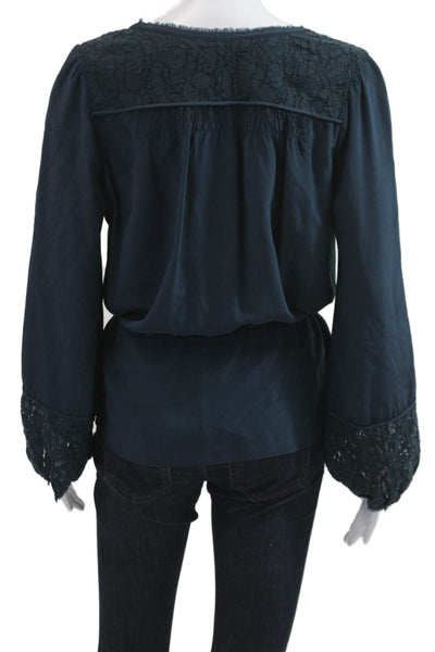 Rebecca Taylor Women Dark Blue Silk Drawstring Long Sleeve Blouse Size 10