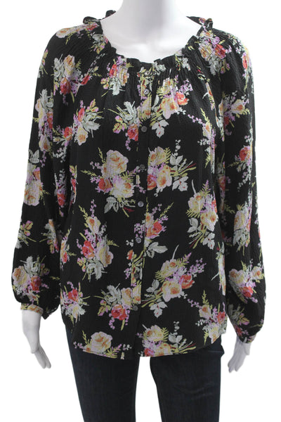 Rebecca Taylor Womens Black Silk Floral Button Up Long Sleeve Blouse Size M