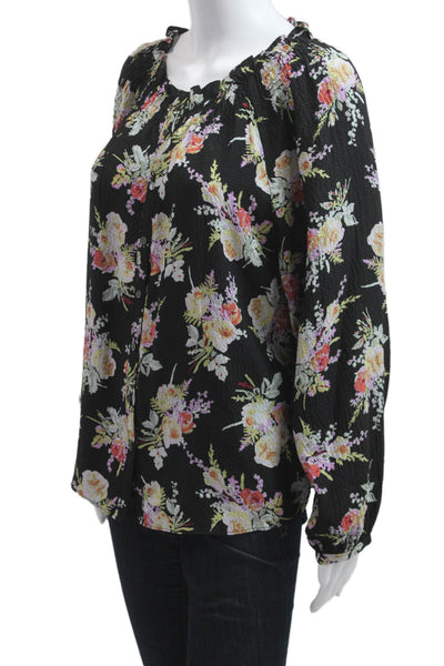 Rebecca Taylor Womens Black Silk Floral Button Up Long Sleeve Blouse Size M