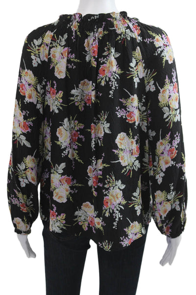 Rebecca Taylor Womens Black Silk Floral Button Up Long Sleeve Blouse Size M