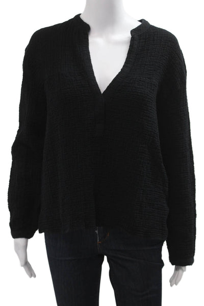 Zara Women Basic Black V-Neck Long Sleeve Cotton Blend Blouse Size S