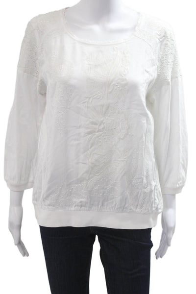 Tiny Womens Boho Floral Round Neck 3/4 Sleeve Blouse White Size M