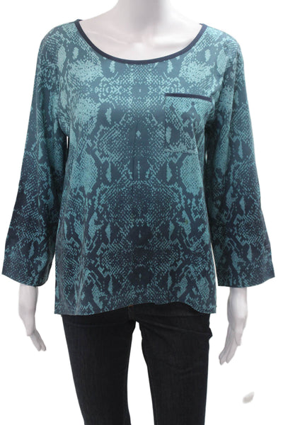 Calvin Klein Women Tunic Blouse Dark Blue Snake 3/4 Sleeve Button Neck Size M