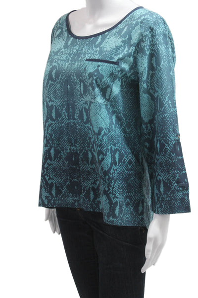 Calvin Klein Women Tunic Blouse Dark Blue Snake 3/4 Sleeve Button Neck Size M
