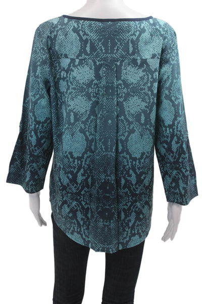 Calvin Klein Women Tunic Blouse Dark Blue Snake 3/4 Sleeve Button Neck Size M