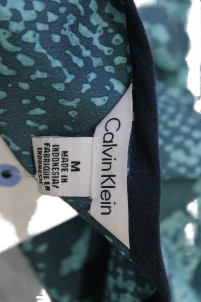 Calvin Klein Women Tunic Blouse Dark Blue Snake 3/4 Sleeve Button Neck Size M