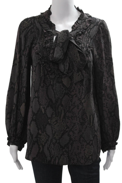 Rebecca Taylor Women Black Animal Print Silk Tie Blouse Long Sleeve Size 10