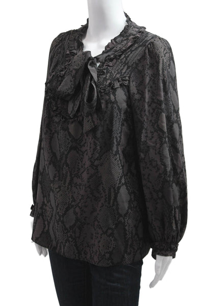 Rebecca Taylor Women Black Animal Print Silk Tie Blouse Long Sleeve Size 10