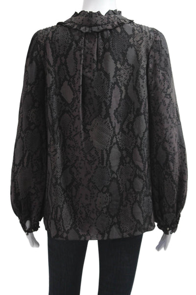 Rebecca Taylor Women Black Animal Print Silk Tie Blouse Long Sleeve Size 10