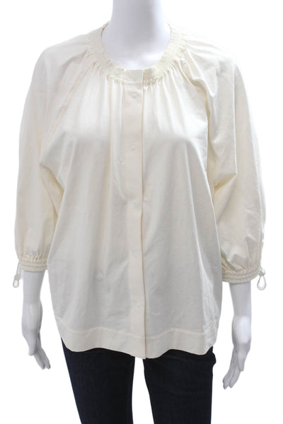 COS Women Peasant Blouse Beige Round Neck 3/4 Sleeve Button-Up Size S