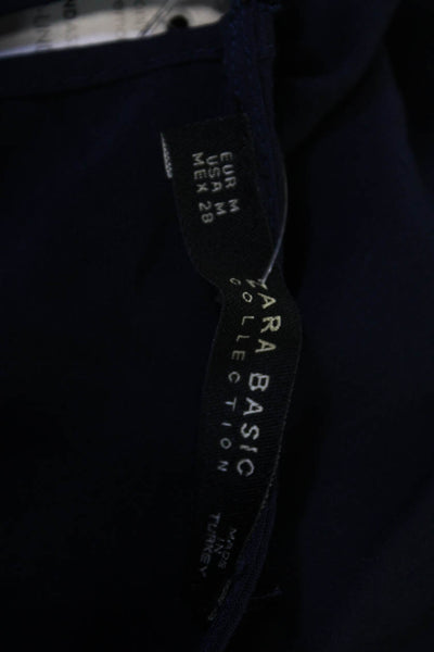 Zara Basic Womens Blouse Dark Blue Long Sleeve Round Neck Viscose Size M