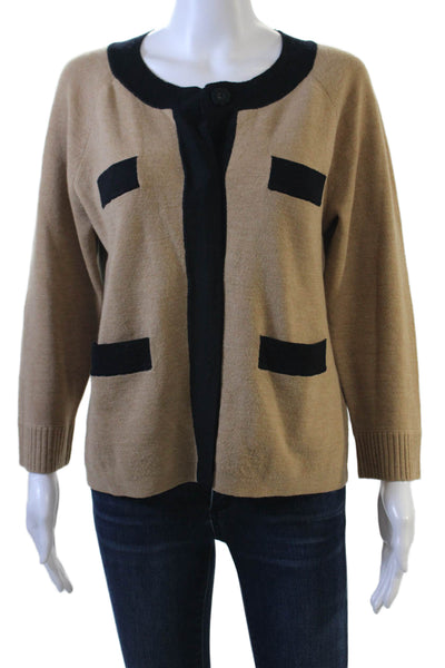 J Crew Women Cardigan Beige Merino Wool Button Round Neck 3/4 Sleeve Size L