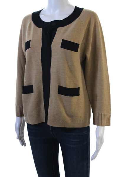 J Crew Women Cardigan Beige Merino Wool Button Round Neck 3/4 Sleeve Size L