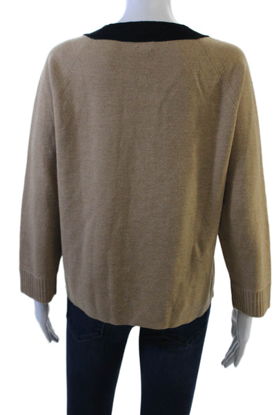 J Crew Women Cardigan Beige Merino Wool Button Round Neck 3/4 Sleeve Size L