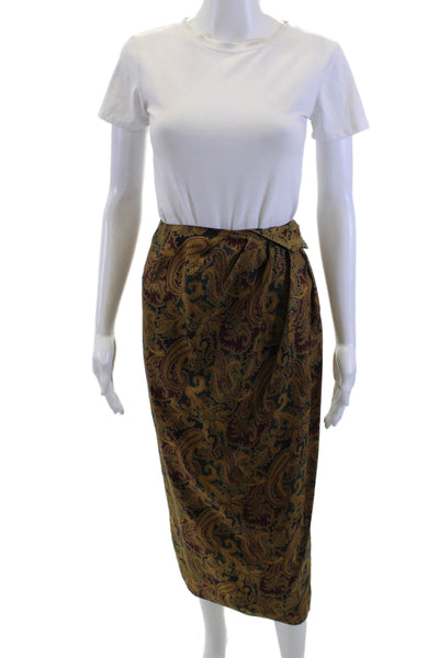 DKNY Women Silk Paisley Wrap Pencil Skirt Brown Size 2