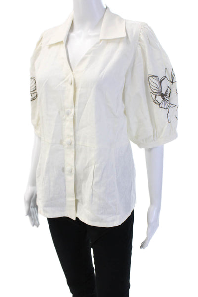 Paris/64 Womens White Floral Collared Button Up Blouse Short Sleeve Size L