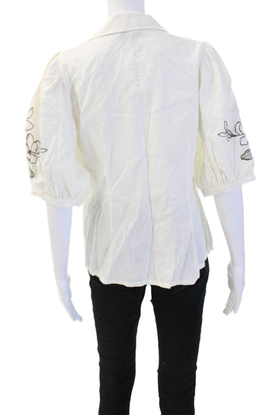 Paris/64 Womens White Floral Collared Button Up Blouse Short Sleeve Size L