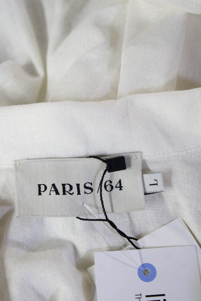 Paris/64 Womens White Floral Collared Button Up Blouse Short Sleeve Size L