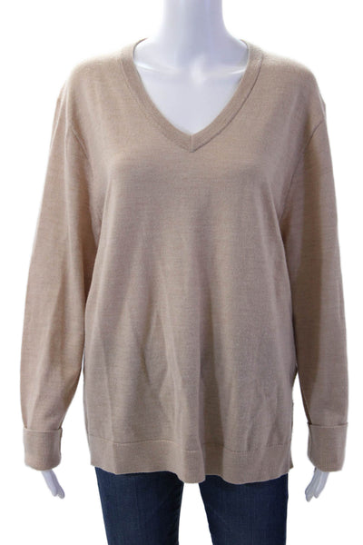 J Crew Womens Beige Italian Merino V-Neck Pullover Sweater Long Sleeve Size L