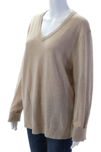 J Crew Womens Beige Italian Merino V-Neck Pullover Sweater Long Sleeve Size L