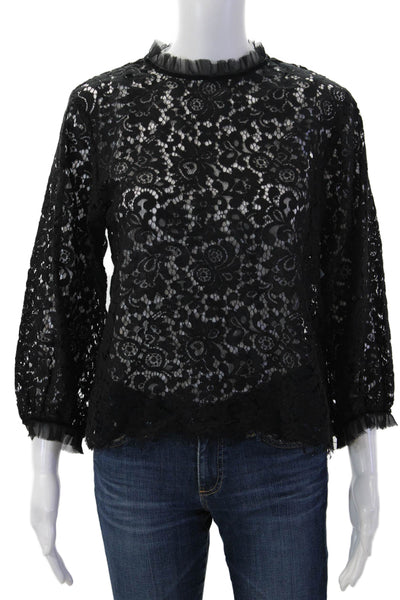 Velvet Women Floral Lace Mock Neck Blouse Black 3/4 Sleeve Size S