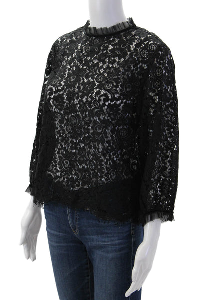 Velvet Women Floral Lace Mock Neck Blouse Black 3/4 Sleeve Size S
