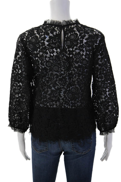 Velvet Women Floral Lace Mock Neck Blouse Black 3/4 Sleeve Size S
