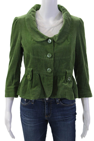 Elevenseven Women Green Cotton Collared Button Blazer Classic Solid Fall Size 4