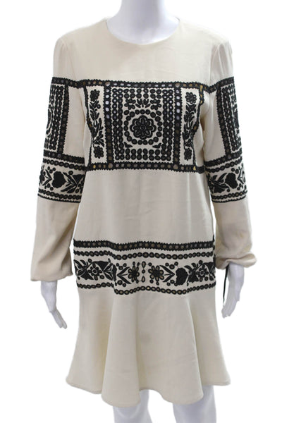 RED Valentino Womens Beige Floral Shift Dress Midi Roundneck Long Sleeve Size M
