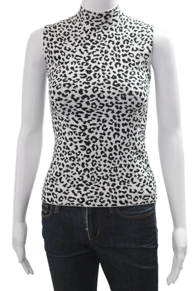 Adam Lippes Women Animal Print Sleeveless Mock Neck Zip Tank Black Size S