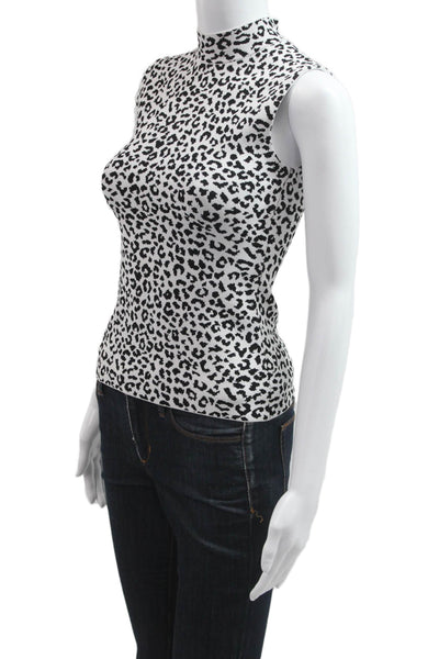Adam Lippes Women Animal Print Sleeveless Mock Neck Zip Tank Black Size S