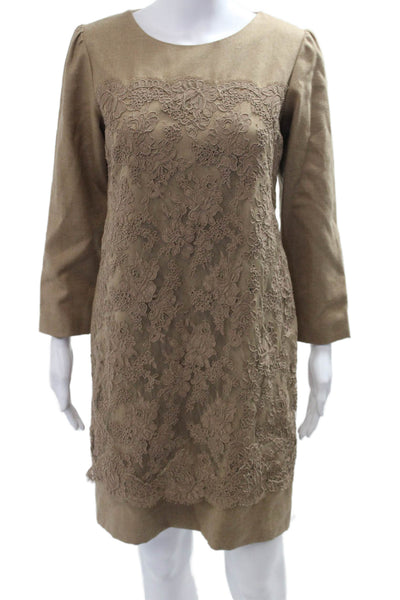 Shannon Mclean Women Shift Dress Brown Wool Floral Long Sleeve Mid Calf Size 8