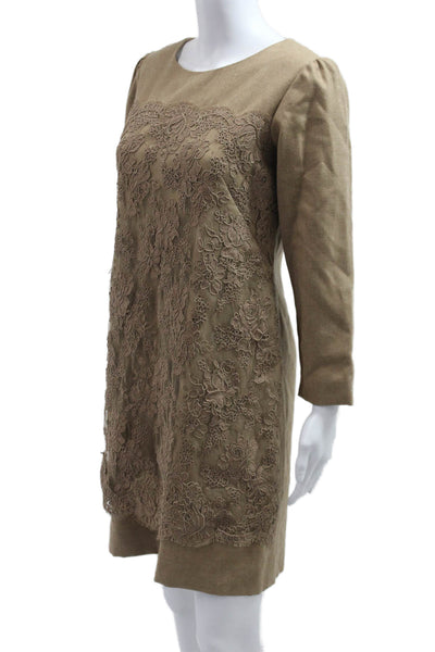 Shannon Mclean Women Shift Dress Brown Wool Floral Long Sleeve Mid Calf Size 8