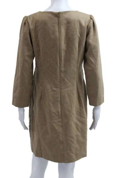 Shannon Mclean Women Shift Dress Brown Wool Floral Long Sleeve Mid Calf Size 8
