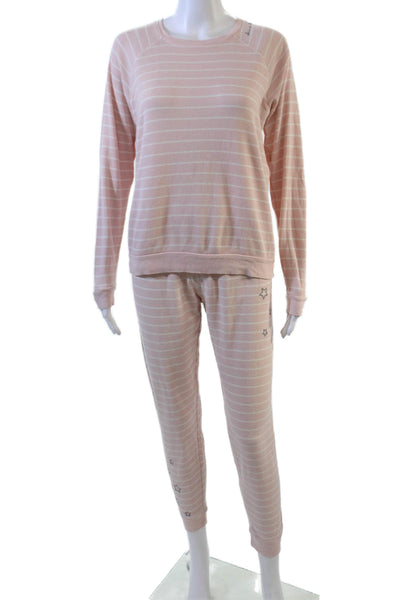 PJ Salvage Womens Striped Long Sleeves Pajama Set Pink Cotton Size Small