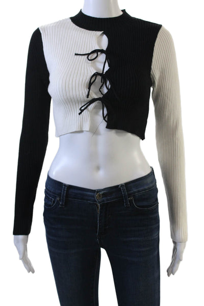 Zara Women Cropped Mock Neck Lace Up Sweater Black Viscose Size S