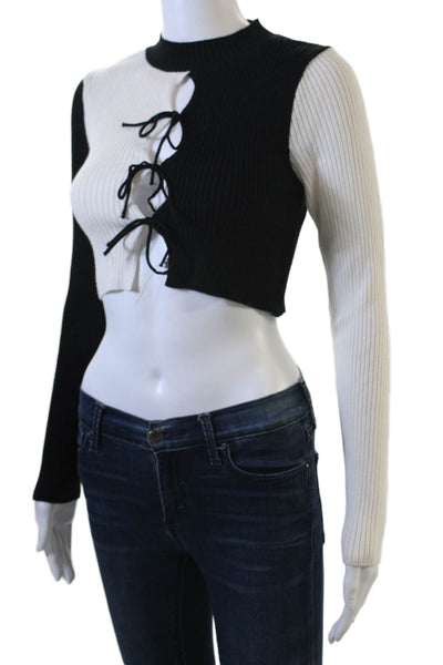 Zara Women Cropped Mock Neck Lace Up Sweater Black Viscose Size S