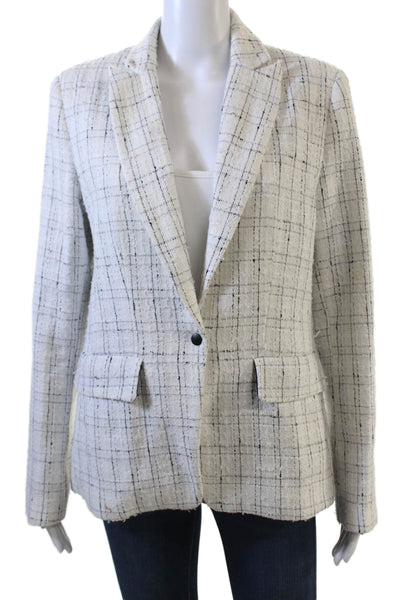 Central Park West Women Checked Beige Collared Button Blazer Long Sleeve Size M