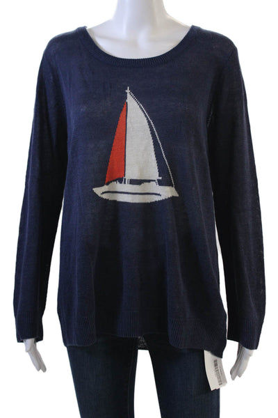 Joie Unisex Pullover Dark Blue Graphic Print Linen Viscose Round Neck Size L