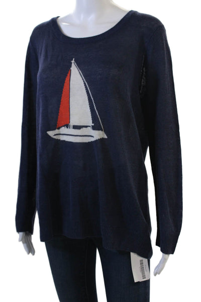 Joie Unisex Pullover Dark Blue Graphic Print Linen Viscose Round Neck Size L