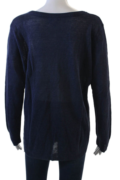 Joie Unisex Pullover Dark Blue Graphic Print Linen Viscose Round Neck Size L