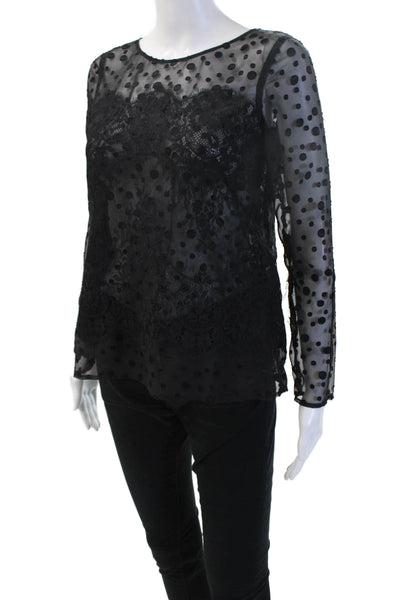 The Kooples Women Black Polka Dot Round Neck Long Sleeve Blouse Gothic Size S