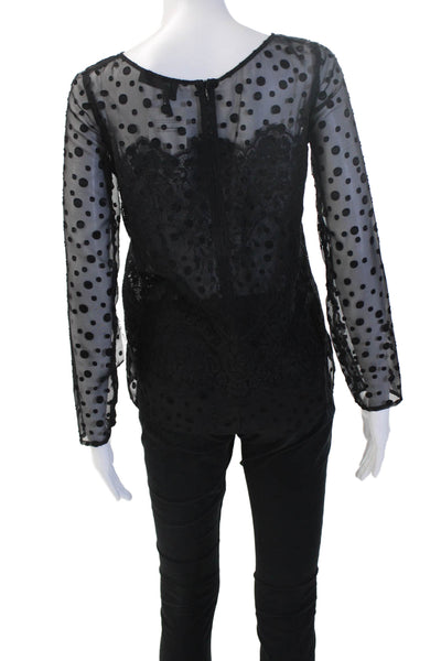 The Kooples Women Black Polka Dot Round Neck Long Sleeve Blouse Gothic Size S