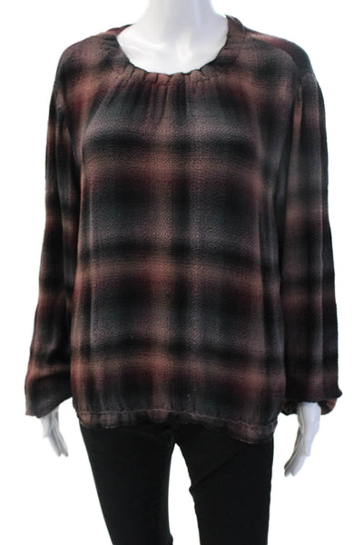 Bella Dahl Women Tunic Blouse Plaid Black Long Sleeve Round Neck Size S