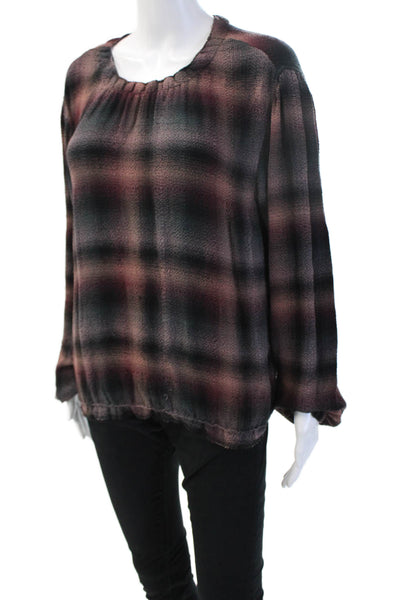 Bella Dahl Women Tunic Blouse Plaid Black Long Sleeve Round Neck Size S