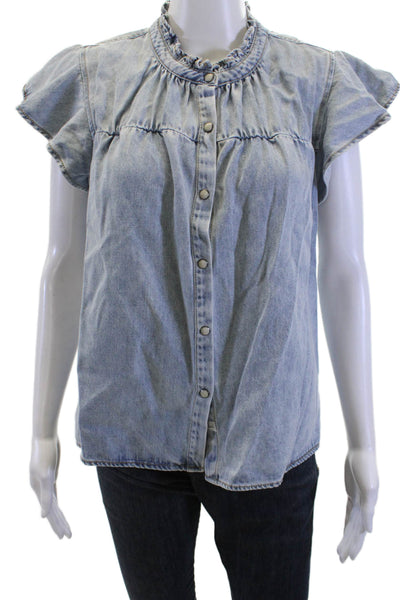 Rails Womens Light Blue High Neck Short Sleeve Button-Up Blouse Bohemian Size M
